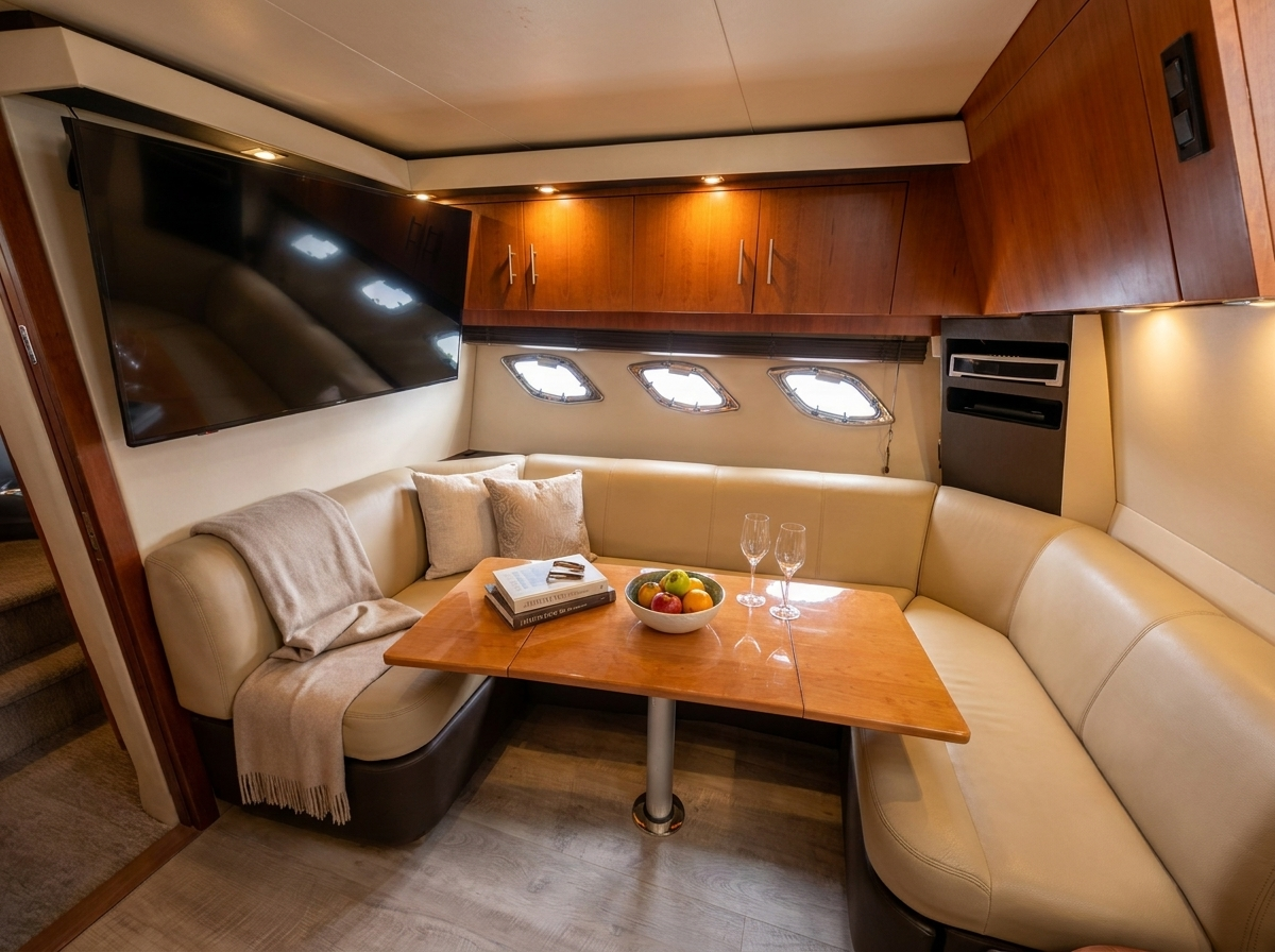 Luxury yacht interior - two staterooms, full kitchen, 55 inch TV - Lake of the Ozarks charter